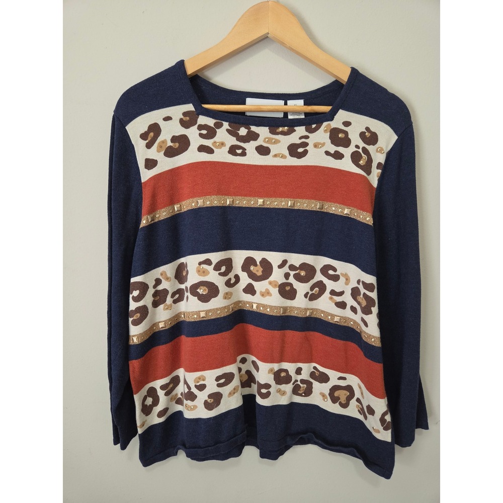 Alfred Dunner Womens XL Navy Blue Leopard‎ Stripe Studded Knit Top Sweater